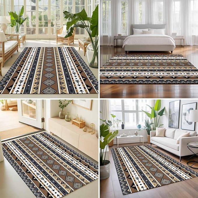 Area Rug 9x12ft, Boho Tribal Stripes Washable Rugs for Living Room Bedroom Rectangle Floor Carpet, Ethnic Borders Arrow Motifs Soft Non-Slip Area Rugs for Dining Room
