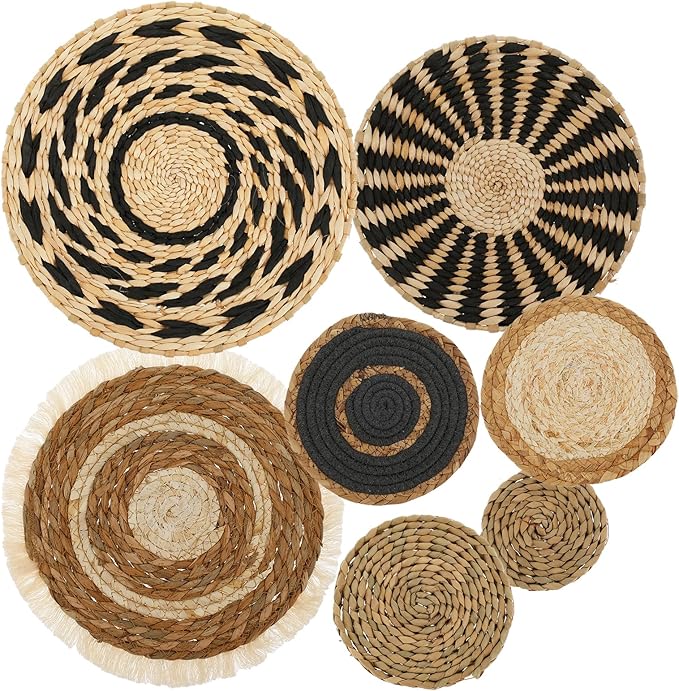 7 Pcs Round Bohemian Woven Wall Basket Decor Rustic Handmade Woven Wall Decor for Home Farmhouse Kitchen Table Living Room Party