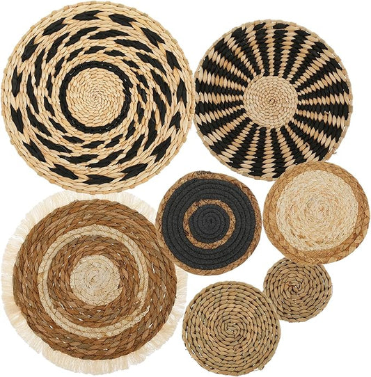 7 Pcs Round Bohemian Woven Wall Basket Decor Rustic Handmade Woven Wall Decor for Home Farmhouse Kitchen Table Living Room Party