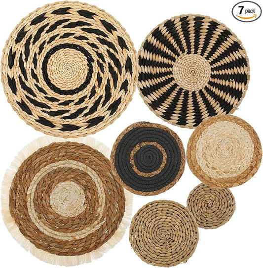 VMBORTI 7 Pcs Boho Wall Basket Set with Handmade Woven Rattan Décor for Living Room, Office, Lightweight, Easy to Hang, and Adds a Natural Boho Touch