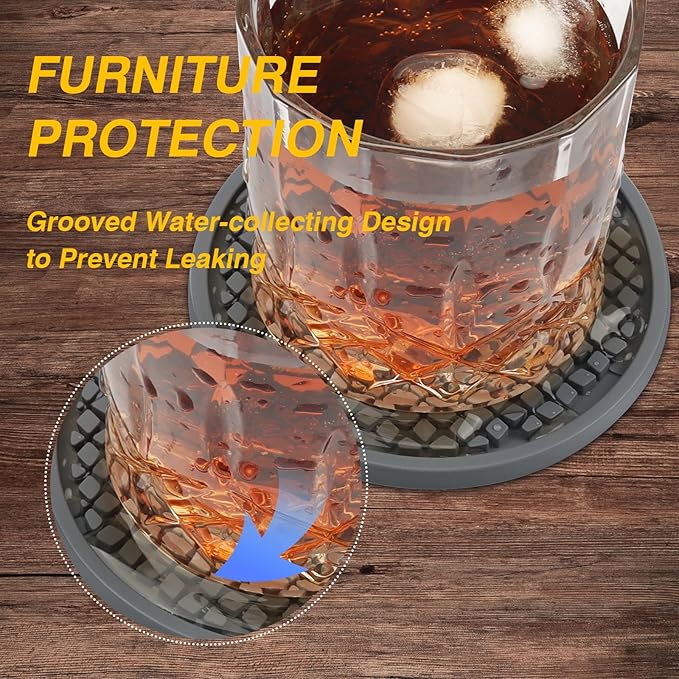 Silicone Coasters for Drinks, Non‑Slip Spill‑Proof Heat Resistant Drink Coasters 2-Piece Set, Reusable Washable Table Protection for Home Decor Kitchen Office, Bar(2Pack,Gray)