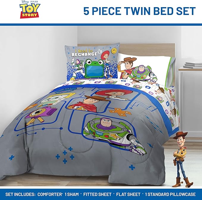 Jay Franco Kids Comforter Set Includes Sheets and Pillow Covers - Soft and Cozy Bed Set for Stylish Room Decor, Official Licensed Bedding, Grey - Toy Story, 5 Piece Twin