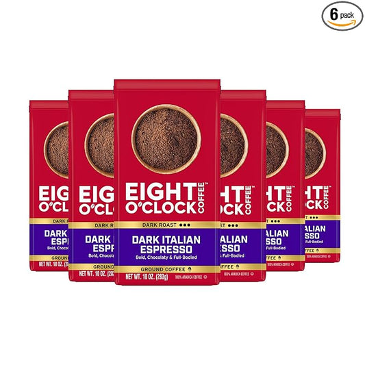 Eight O'Clock Coffee Dark Italian Espresso, Dark Roast Ground Coffee 100% Arabica, Bold & Chocolaty, 10 Ounce (Pack of 6)