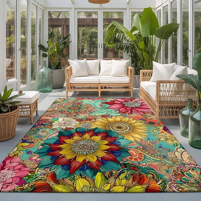 Area Rug 3x5ft, Boho Colorful Blossom Flower Washable Rugs for Living Room Bedroom, Country Retro Ethnic Floral Soft Non-Slip Area Rugs Rectangle Floor Carpet for Dining Room