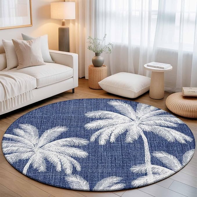 Washable Round Area Rug Coastal Palm Trees on Blue Circle Rugs Floor Carpet for Living Room Bedroom, Minimalist Tropical Leaves Soft Non Slip Round Rug 3ft