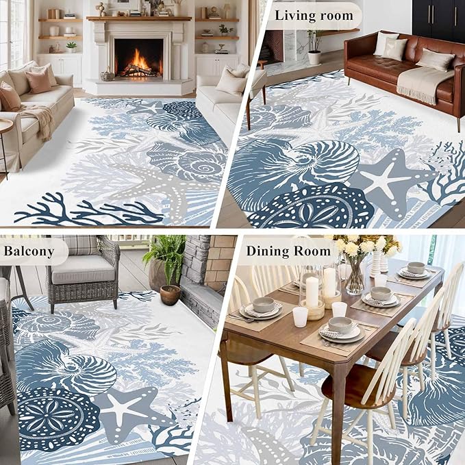 Area Rug 9x12ft, Underwater Blue Shells Starfish Coral Washable Rugs for Living Room Bedroom Rectangle Floor Carpet, Summer Botantical Soft Non-Slip Area Rugs for Dining Room