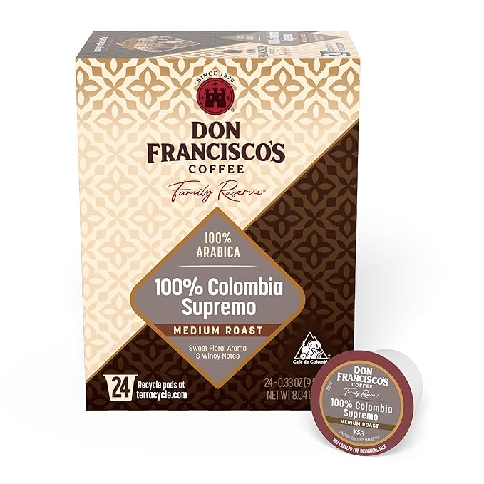 Don Francisco's 100% Colombia Supremo Coffee Pods, 24 Count, Medium Roast, Compatible with Keurig Brewers