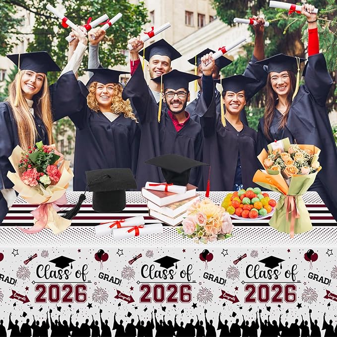 Graduation Decorations Class of 2026 Tablecloth - 3 Pcs Plastic Congrats Grad Table Cloth, Graduations Table Cover for Graduation Party Decorations 2026 and Party Supplies, 54"x108" (Maroon and Black)