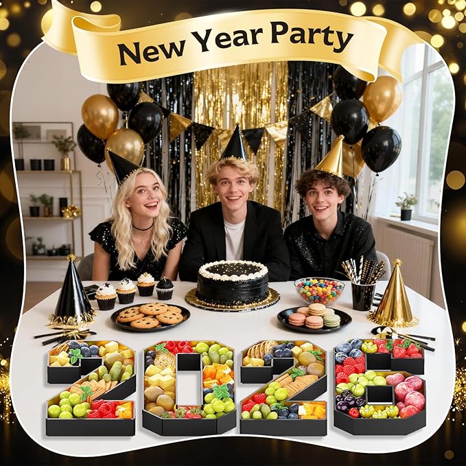 2026 Fillable Numbers for Charcuterie 13.8'' Cardboard Number Black Gold 2026 Shaped Board Trays for New Year Graduation Party Decorations Food Candy Paper Mache Cupcake Pans Cookies Box Container