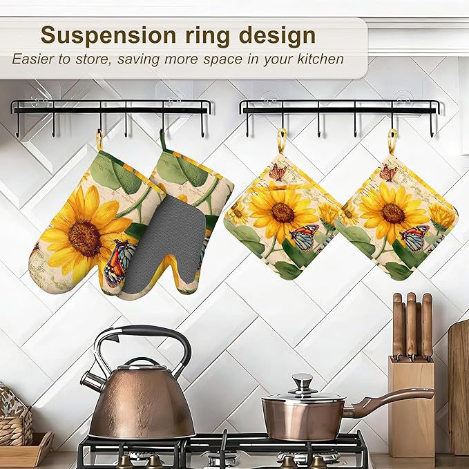 Sunflower Floral Butterfly Oven Mitts and Pot Holders Sets,Silicone Kitchen Mitts Potholders Heat Resistant 4Pcs Oven Gloves Hot Pads for Kitchen Baking Cooking