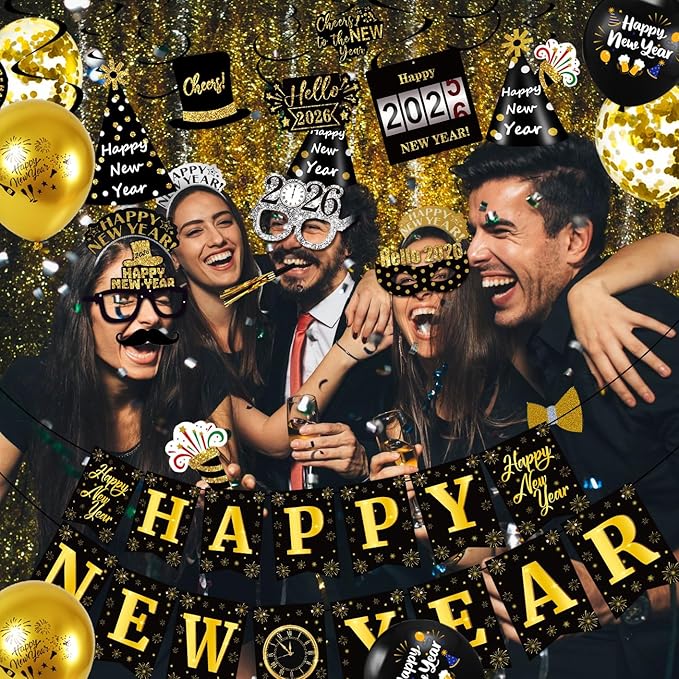 MOVINPE New Year Eve Party Decorations Kit 2026 - Happy New Year Party Supplies, Banner Cone Hats Tiaras Curtain Hanging Swirls Squawkers Blowouts Number Balloons Photo Booth Props Serve 20
