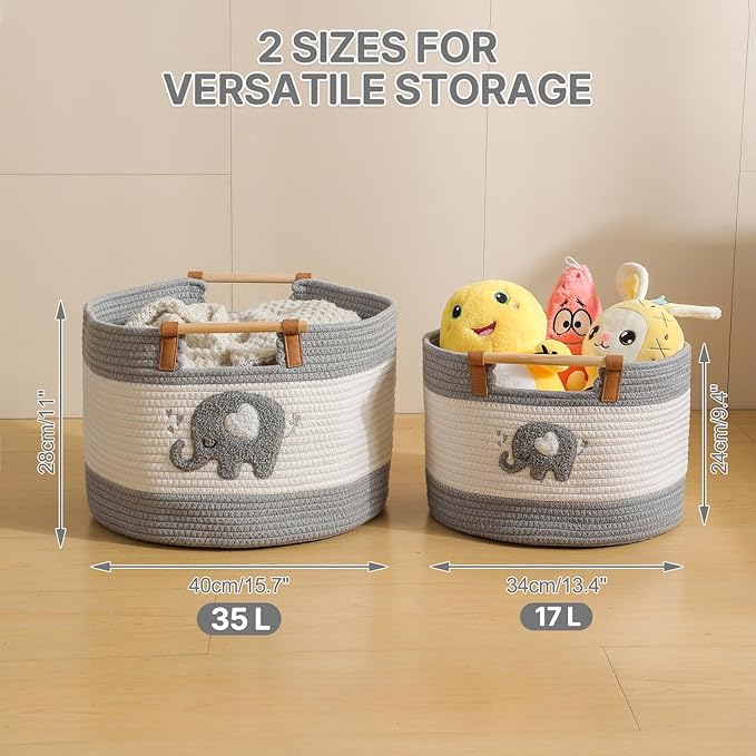 Cotton Rope Baskets for Kids Stuffed Animal Toys Storage for Nursery, Baby Baskets for Gifts Empty, Woven Basket with Wooden Handles Blanket Towel Toy 0rganizer Kids Blanket Storage Bins