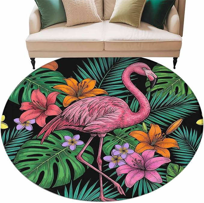 Washable Round Area Rug Pink Flamingos Tropical Leaf Circle Rugs Floor Carpet for Living Room Bedroom, Colorful Lily Blossom Floral Soft Non Slip Round Rug 5ft