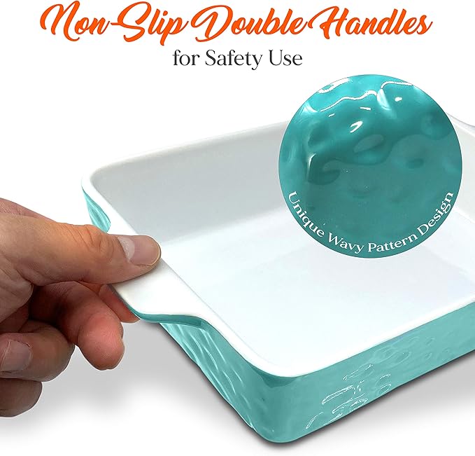 NutriChef 3-pc Casserole Dish Set for Oven, Ceramic Lasagna Baking Dishes, Deep Serving Dish with Handles - Aqua, (14.7"/ 10.8"/ 7.9")