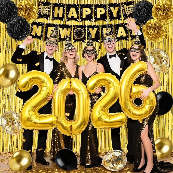 New Year Decorations 2026, Black Gold New Years Eve Party Supplies 2026 with Happy New Year Banner Cone Hat Paper Glasses Fringe Curtains 32inch 2026 Balloons for Happy New Years 2026 Decorations