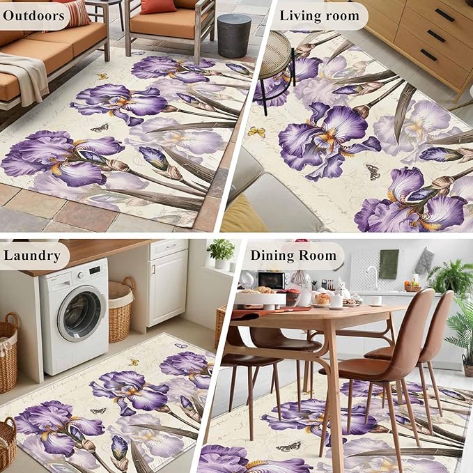 Area Rug 3x5ft, Pastoral Purple Flower Watercolor Washable Rugs for Living Room Bedroom, Country Botanical Butterflies Soft Non-Slip Area Rugs Rectangle Floor Carpet for Dining Room