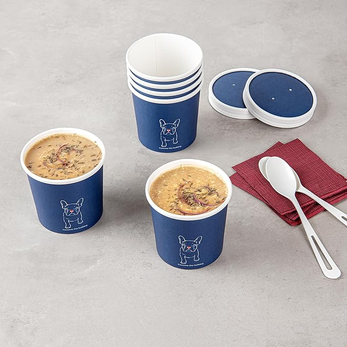 Restaurantware Bio Tek 12 Ounce Soup Containers 200 Durable Soup Bowls - Disposable Sustainable Frenchie Design Paper Soup Cups Round For Hot Or Cold Foods