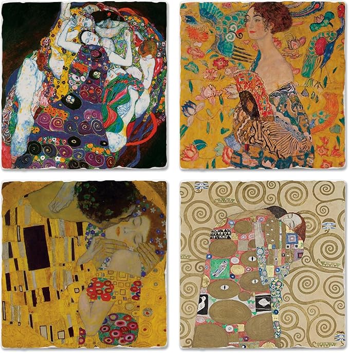 Thirstystone Gustav Klimt 4 Pack Assorted Tumbled Tile Stone Coasters with Protective Cork Backing Manufactured in The USA Absorbent Easily Wipes Clean