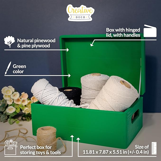Creative Deco Large Green Wooden Box Storage with Hinged Lid | 11.8x7.87x5.51in (+-0.5) | Keepsake with Handles | Gift Box for Tool Dog Toy Shoes Kitchen Storage | Wood Keepsake Chest Trunk