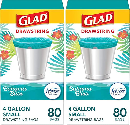 Glad Small Trash Bags 4 Gallon, Febreze Bahama Bliss Garbage Bags, Odor Resistant with Drawstring, 80 Count (Pack of 2)