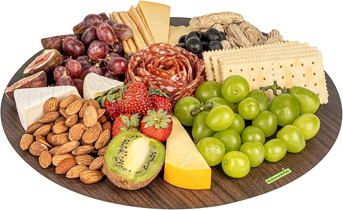 Restaurantware Cater Tek 13.8 Inch Charcuterie Boards 10 Faux Wood Cheese Boards - Round Stackable Dark Paper Cardboard Charcuterie Boards Disposable For Serving At Catered Events