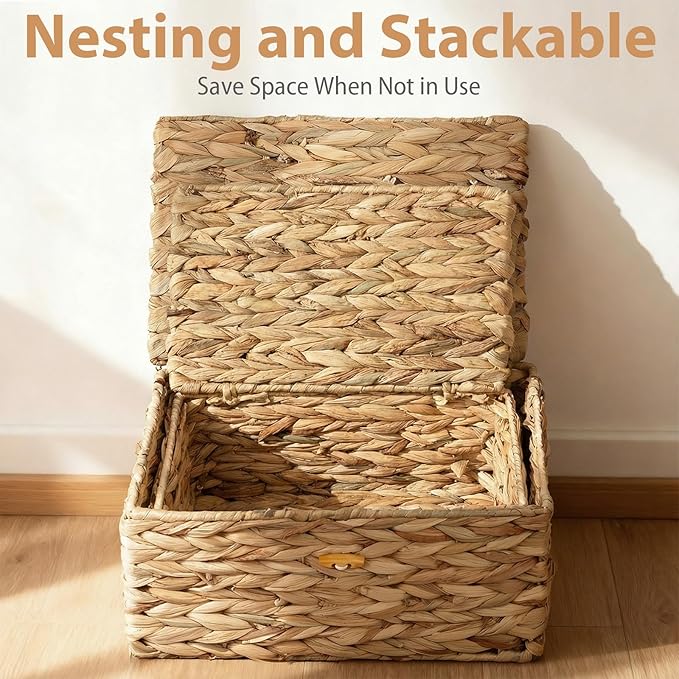 Handwoven Wicker Baskets Decorative Storage Boxes with Lids Set of 2, Natural Water Hyacinth, Nesting Organizer Boxes for Closet, Shelf, Home Decor