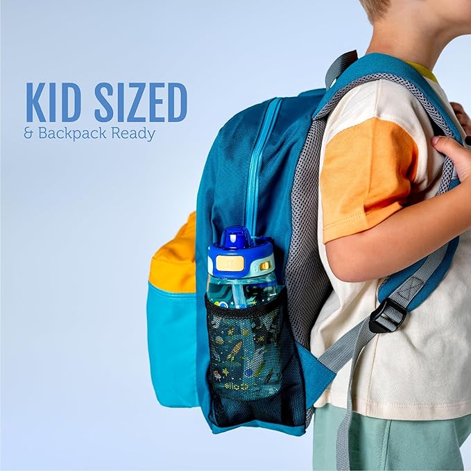 Ello Kids Pop & Fill 16oz Tritan Plastic Water Bottle with Quick Fill Technology, Leak Proof Locking Lid, Sip & Chug, BPA Free, Dishwasher Safe, For School, Lunchboxes, Dino