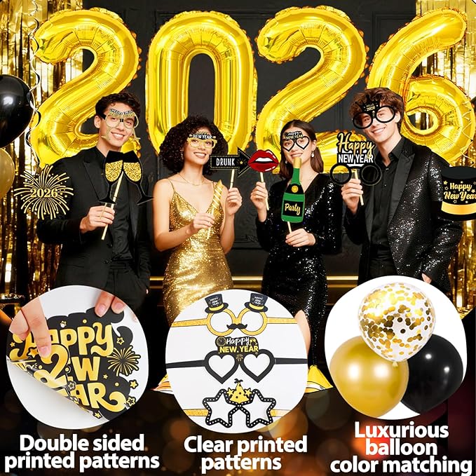 70Pcs 2026 Happy New Years Decorations Set, Black Gold New Years Eve Party Supplies 2026 with Banner 2026 Balloons Paper Glasses Photo Props Hanging Swirls for 2026 New Year Decorations