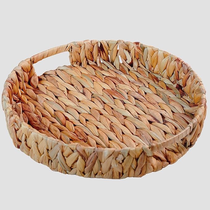 Large Round Water Hyacinth Storage Baskets, Hand-Woven Natural Grass Weaving Trays with Built-in Handles, Wicker Serving Trays for Fruit, Arts, Crafts, and Home Decor