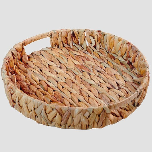 Large Round Water Hyacinth Storage Baskets, Hand-Woven Natural Grass Weaving Trays with Built-in Handles, Wicker Serving Trays for Fruit, Arts, Crafts, and Home Decor