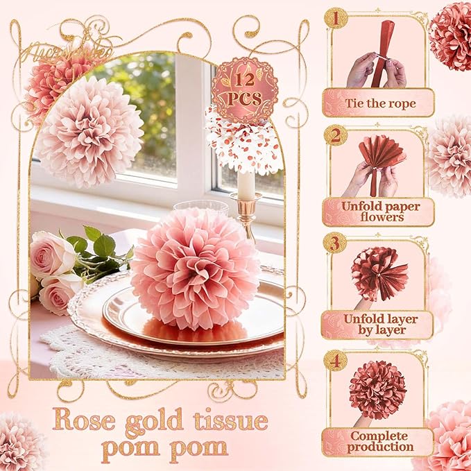 NICROLANDEE Wedding Decorations - 12 PCS Rose Gold Tissue Paper Pom Poms for Engagement Party Wedding Birthday Bridal Shower Bachelorette Baby Shower Ceiling Valentine's Day Party Backdrop Decor