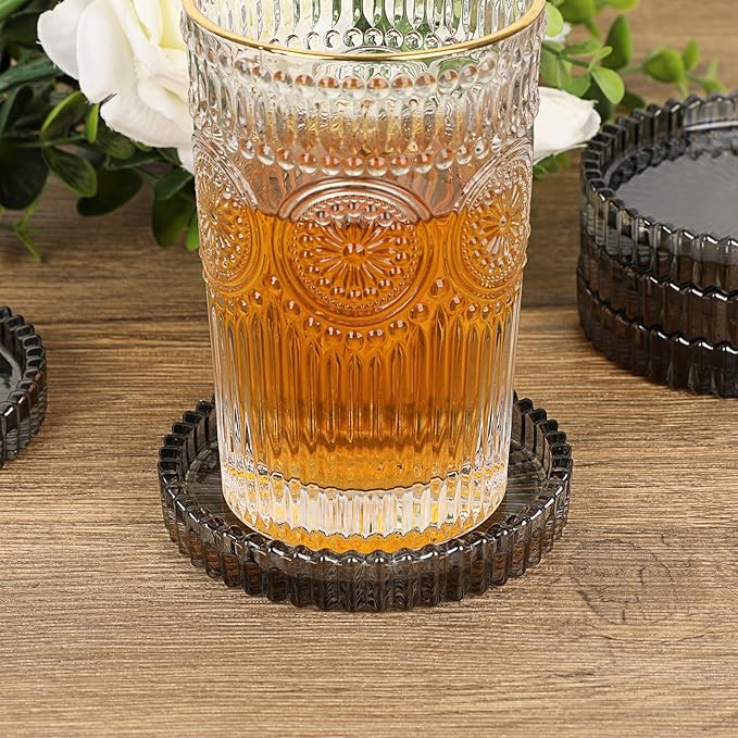JUXYES 5 Pack Crystal Black Coasters Round Cup Mat, Glass Coasters for Drinks Coffee Tea Wine, Decorative Wine Bottle Coaster, Crystal Drink Coaster for Restaurant bar Kitchen Dining Table