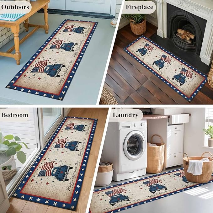 Runner Rug for Bedroom Hallway, Happy Independence Day USA Flag Kitchen Runner Rugs Area Rug 2x6ft, Retro Blue Truck Washable Soft Floor Carpet for Entryway Stair