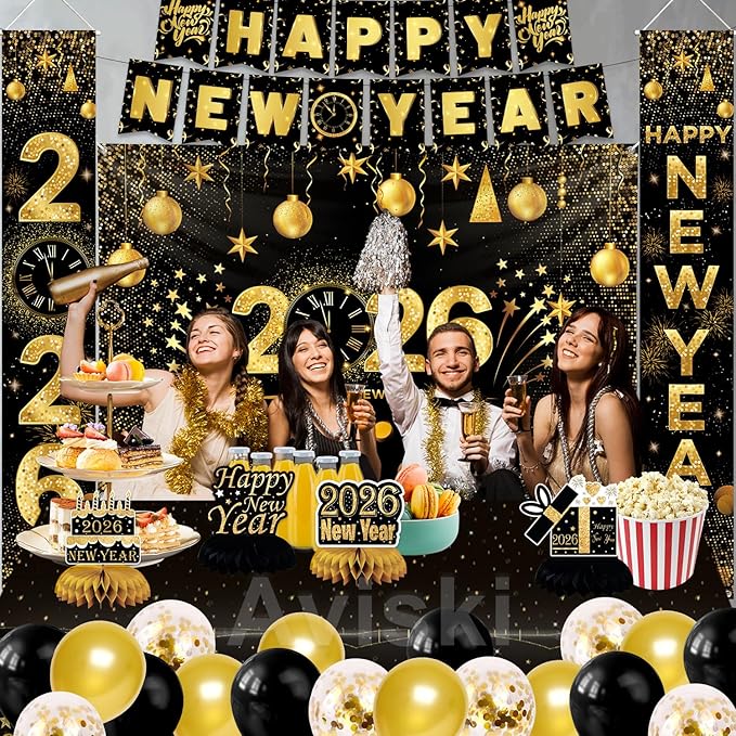 New Years Eve Party Decorations, Happy New Year 2026 Decorations for Party Supplies - Including garland banner, Background Banner, Table Centerpieces, Door/Wall Banner, Balloons