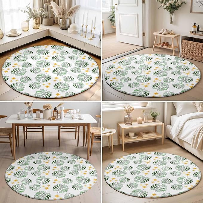 Washable Round Area Rug Summer Palm Leaves Pattern Circle Rugs Floor Carpet for Living Room Bedroom, Scattered Starburst Flowers Soft Non Slip Round Rug 3ft