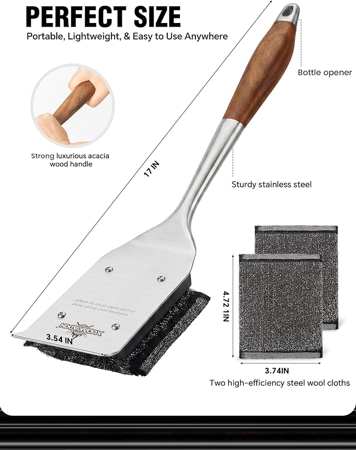 XUDKAKAIXIN Grill Brush Bristle Free,No Bristle Shedding,with 2 Replacement Head,Unique Steel Fibers Pad Perfect for Cast Iron/Stainless-Steel Grates-,Grill Cleaner for Outdoor Gril