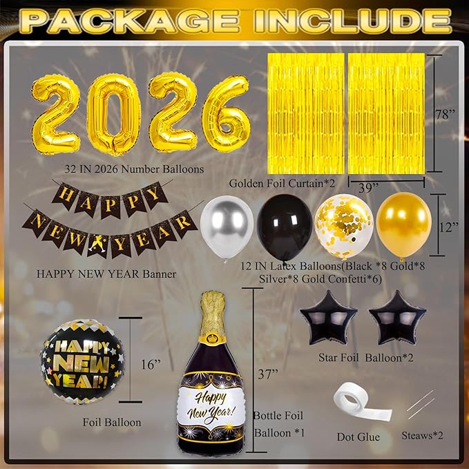 New Years Decorations 2026 Kit, Happy New Years Eve Party Supplies 2026, New Year Balloon Party Set with 2026 Foil Balloons, Happy-New-Year Banner, Fringe Curtain for 2026-New-Year Decoration