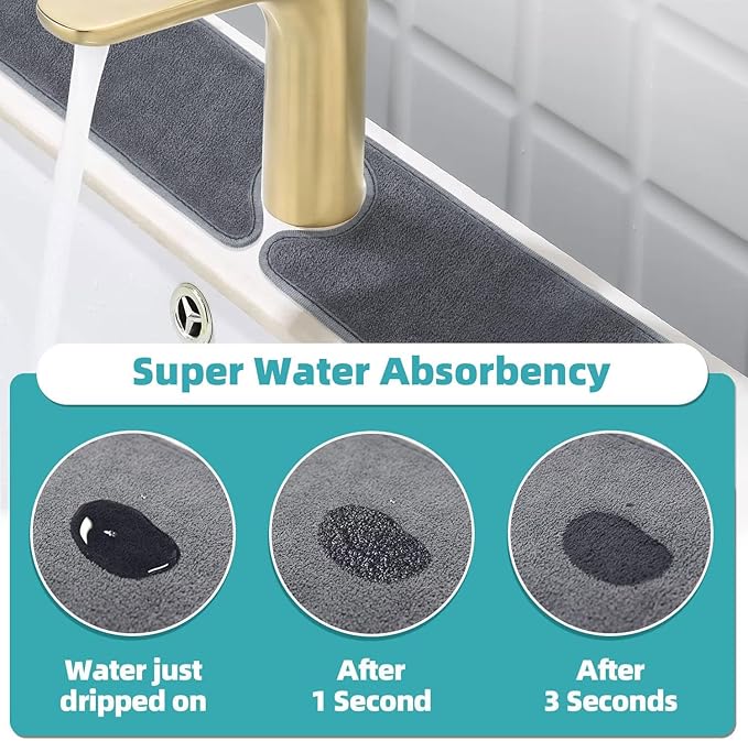 PoYang 2 Pack Faucet Mat for Kitchen Sink Splash Guard Long: Super Absorbent Microfiber Sink Water Splash Guard Behind Kitchen Faucet Mat for Bathroom, RV Protector, Machine Washable 24'' x 5.1''