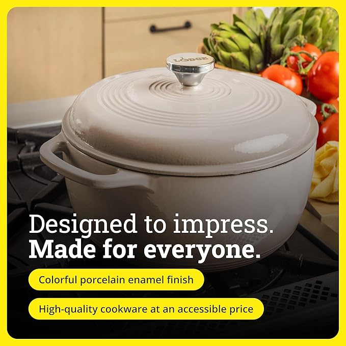 Lodge Essential Enamel Cast Iron Dutch Oven - Perfect for Bread Baking, Braising, Marinating & Slow Cooking - Features Moisture-Sealing Lid & Dual Handles - Kitchen Essentials - 6 Quarts - Sandalwood