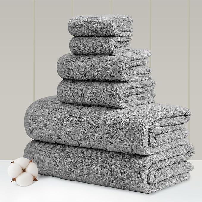 Modern Threads 6 Piece Cotton Bath Towel Set – Ultra Soft 550 GSM Towels – Bathroom Set with Hand Towels and Washcloths – Geometric (Charcoal)