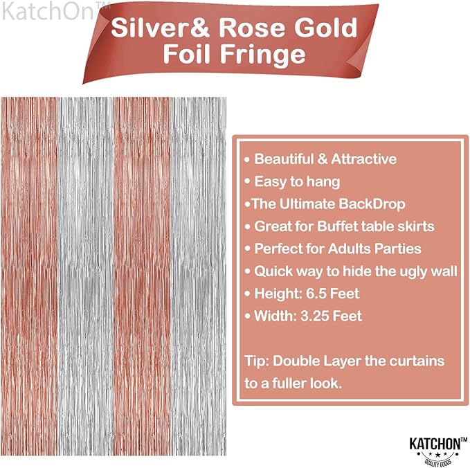 KatchOn, Silver and Rose Gold Fringe Backdrop, Pack of 2 | Silver & Rose Gold Streamers for 16th Birthday, Baby Shower | Bachelorette Party, Bridal Shower Decorations | Graduation Decorations 2026