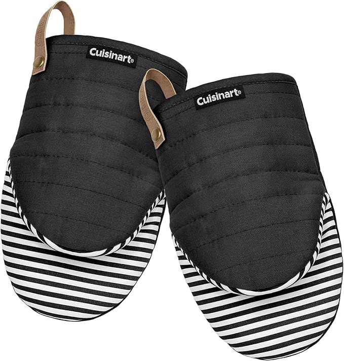Cuisinart Mini Oven Mitts – 5.5” x 8” Heat-Resistant Kitchen Mitts for Oven with Non-Slip Printed Silicone, Cotton Filling, and Faux Leather Loop – Durable Oven Mitt Set for Cooking & Baking