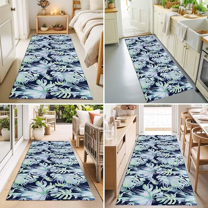 Runner Rug for Bedroom Hallway, Watercolor Blue Teal Palm Leaves Kitchen Runner Rugs Area Rug 2x6ft, Abstract Botanical Washable Soft Floor Carpet for Entryway Stair