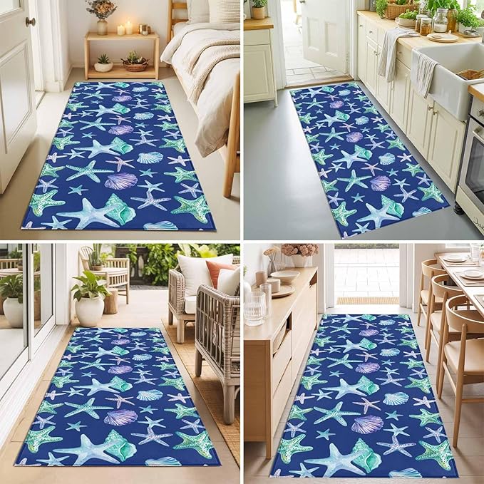 Runner Rug for Bedroom Hallway, Summer Starfish Shell Conch Kitchen Runner Rugs Area Rug 2x6ft, Marine Creature on Blue Washable Soft Floor Carpet for Entryway Stair
