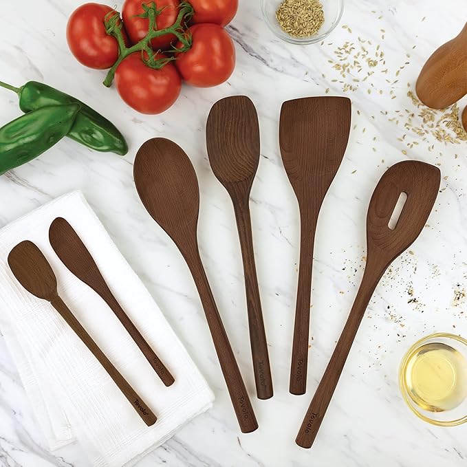 Tovolo Beechwood Cooking Utensils for Cooking Baking Meal Prep Set of 6 Wooden Turner Mixing Slotted Spoon Sandwich Spreader Spoonula Bundle, Long Handle Beechwood Wooden Kitchen Cooking Utensils