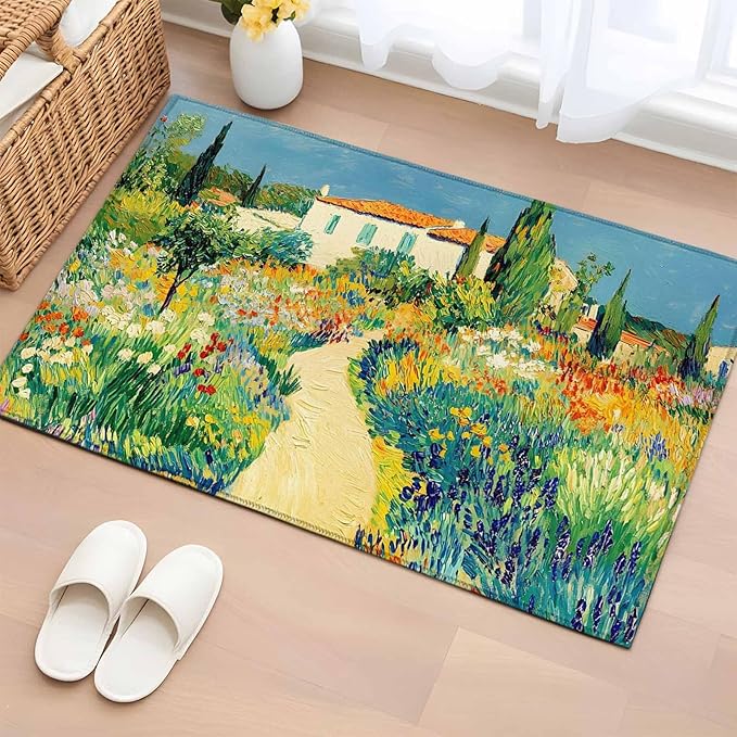 Area Rug 2x3ft, Pastoral Floral Pink Yellow Flower Green Leaves Washable Rugs for Living Room Bedroom, Farm Plants Soft Non-Slip Area Rugs Rectangle Floor Carpet for Dining Room