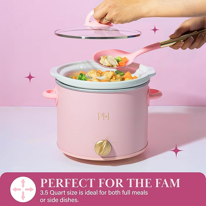 Paris Hilton 3.5-Quart Manual Slow Cooker, Features Three Settings (Low, High, Warm), Naturally Nonstick and Dishwasher Safe Stoneware Insert, Family Sized Capacity, Pink