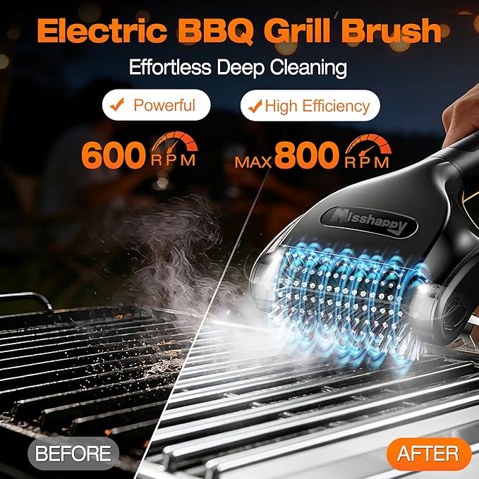 Electric Grill Brush - 4000mAh Cordless BBQ Grill Cleaner 2 Speed - 800RPM Bristle Free BBQ Grill Cleaner Tool Rechargeable with Scraper/LED Light/LED Display for Outdoor/Camping (Black)