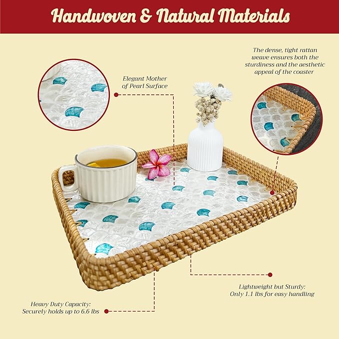 Rattan Tray Rectangle with Mother of Pearl – Unique Decorative Rattan Serving Tray for Food, Bread, Fruits, Snacks & Organizing Bathroom, Coffee Table – Christmas & Housewarming Gift (Fin 13.3"x9.4")