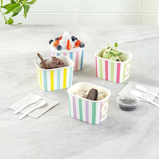 Coppetta 12 Ounce Dessert Cups, 50 Greaseproof Ice Cream Cups - Lids Sold Separately, For Hot And Cold Foods, Purple And Blue Stripe Paper Yogurt Bowls, Disposable, Sturdy - Restaurantware